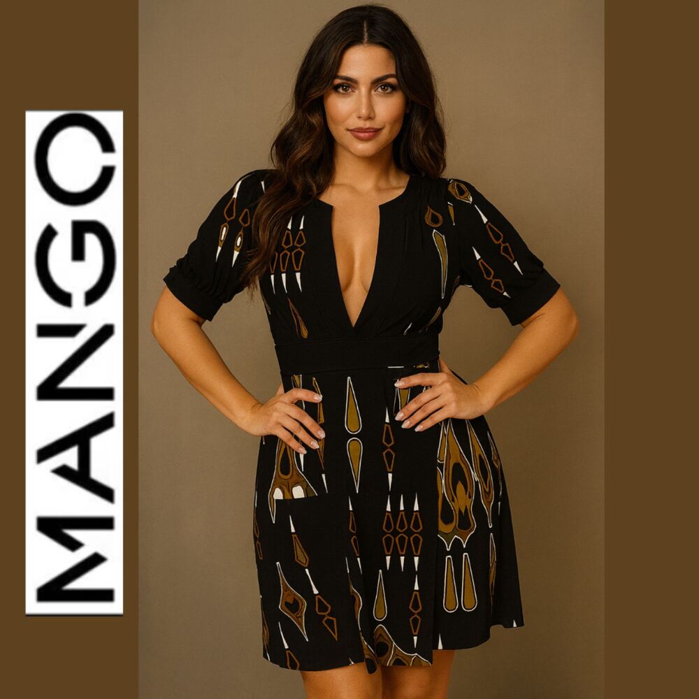 MNG (Mango) Suit Black and Print Wrap Dress